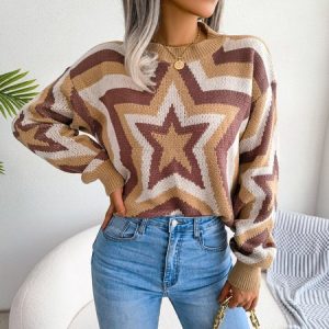 Women Star Long Sleeve Comfy Vintage Sweater, Sweaters, color:Khaki|size:L, Noracora