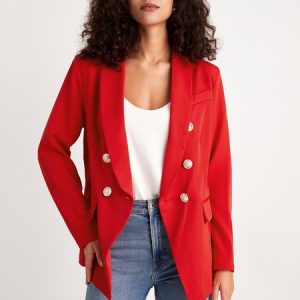 Simple Long Sleeve Lapel Collar Blazer, Outerwear, color:Red|size:XXL, Stylewe