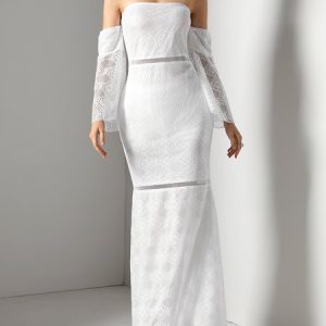 Boat Neck Elegant Lace Plain Wedding Dress, Maxi Dresses, color:White|size:XL, Stylewe