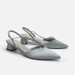 Satin Rhinestone Pointed Toe Chunky Heel Shoes, Heels, color:Light Blue|size:40, Stylewe