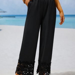 JFN Plain Autumn Urban Lace Straight Flowy Pants, Pants, color:Black|size:XXL, JustFashionNow