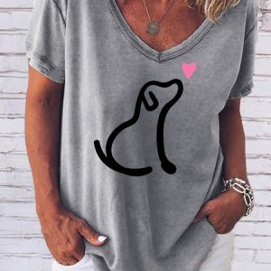 Casual and simple dog print short-sleeved V-neck T-shirt, color:Gray|size:3XL, Lilicloth.com