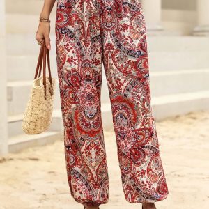 JFN Ethnic Elastic Waist Casual Loose Pants, Pants, color:Red|size:XXL, JustFashionNow