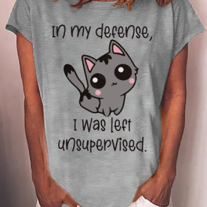 Women's Funny Cat Crew Neck Casual Text Letters Loose T-Shirt, color:Gray|size:3XL, Lilicloth.com