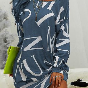 Loose Casual Text Letters Dress, Dresses, color:Blue|size:3XL, JustFashionNow