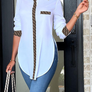 Regular Fit Geometric Shirt Collar Long sleeve Urban Blouse, Blouses and Shirts, color:White|size:XXL, Stylewe
