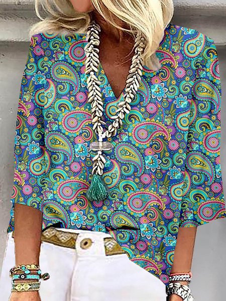 Casual V Neck Cashew Flowers Shirt, Shirts & Blouses, color:Green|size:XXL, JustFashionNow
