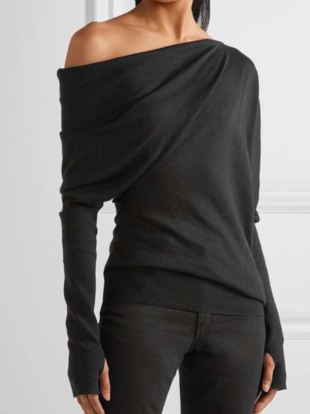 Solid Long Sleeve Cotton-Blend Casual Tops, Tops, color:Black|size:XXL, JustFashionNow