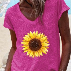Women's Sunflower V Neck Casual T-Shirt, T-shirts, Lilicloth.com