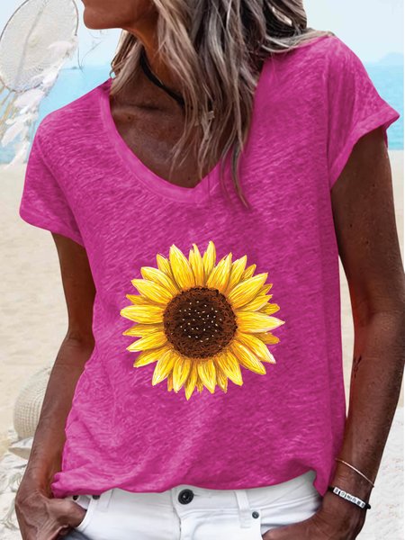 Women's Sunflower V Neck Casual T-Shirt, T-shirts, Lilicloth.com