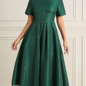 Stylewe Plain Elegant Short Sleeve Regular Fit Midi Party Dress, Cocktail Dresses, color:Green|size:XXL, Stylewe