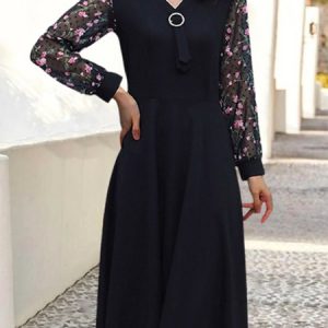Small Floral Mesh Long Sleeve Grommets V Neck Casual Dress, Midi, color:Black|size:4XL, Noracora