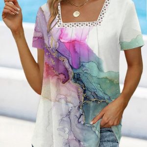 Lace Square Neck Casual Loose T-Shirt, T-Shirts, color:White|size:XXL, JustFashionNow