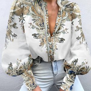 Shirt Collar Floral Urban Long Sleeve Blouse, Blouses and Shirts, color:White|size:XXL, Stylewe
