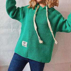 Women Plain Long Sleeve Comfy Casual Sweater, Sweaters, color:Green|size:XL, Noracora