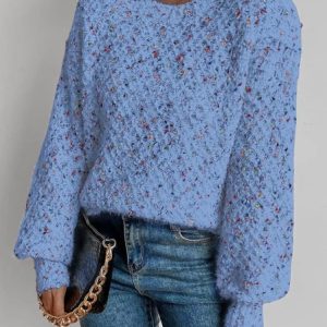 Women White Knitting Ombre Designed Crew Neck Long Sleeve Sweater, Sweaters, color:Blue|size:XXL, JustFashionNow