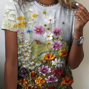 Floral Print Crew Neck T-Shirt, T-shirts, color:Pink|size:XXL, Noracora