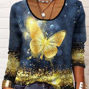Long Sleeve Glitter Butterfly Loose T-Shirt, T-Shirts, color:Blue|size:XXL, JustFashionNow