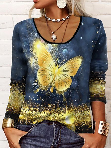 Long Sleeve Glitter Butterfly Loose T-Shirt, T-Shirts, color:Blue|size:XXL, JustFashionNow