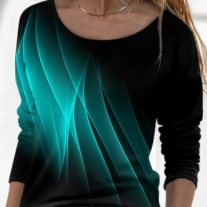 Casual Abstract Crew Neck Long Sleeve T-shirt, T-shirts, color:Black|size:XXL, Noracora
