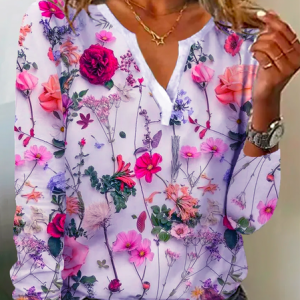 Long Sleeve Floral Casual T-Shirt, T-Shirts, color:Purple|size:XXL, JustFashionNow