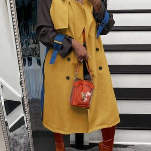 Casual Color Block Regular Fit Shawl Collar Trench Coat, Trench Coats, color:Yellow|size:3XL, JustFashionNow