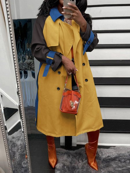 Casual Color Block Regular Fit Shawl Collar Trench Coat, Trench Coats, color:Yellow|size:3XL, JustFashionNow