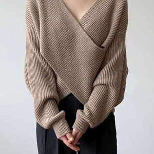 Micro-Elasticity V Neck Loose Long Sleeve Urban Plain Sweater, Sweaters, color:Khaki|size:XXL, Stylewe