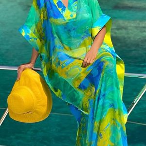 Plus Size V Neck Vacation Random Print Dress With No Hat, Plus Dresses, color:Green|size:4X, Stylewe