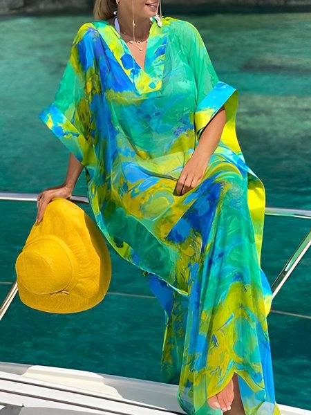 Plus Size V Neck Vacation Random Print Dress With No Hat, Plus Dresses, color:Green|size:4X, Stylewe