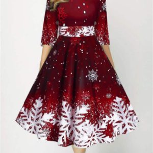 Crew Neck Casual Christmas Regular Fit Dress, Dresses, color:Wine Red|size:XXL, JustFashionNow