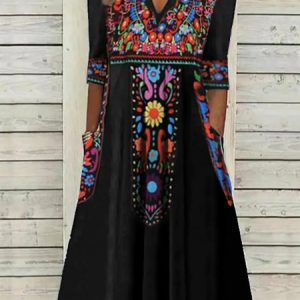 Women Boho Ethnic Three Quarter Sleeve V Neck Dress, Midi Dresses, Roselinlin - Online Catalog