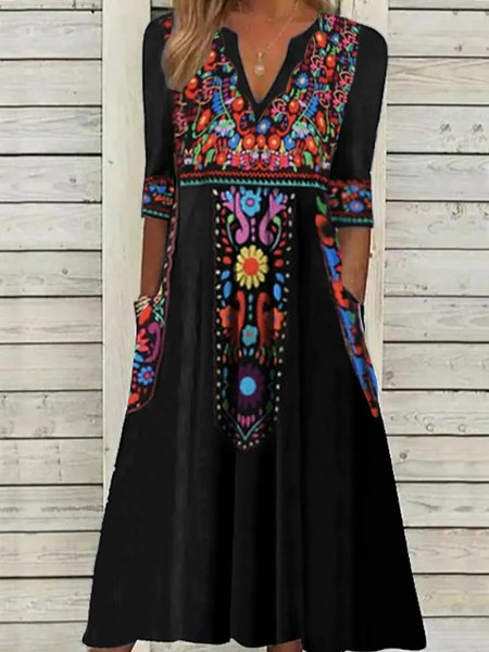 V Neck Boho Regular Fit Dress, Dresses, color:Black|size:XXL, JustFashionNow