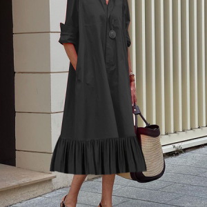 Black Loose Long sleeve Shirt Collar Plain A-Line Shirt Dress, Maxi Dresses, color:Black|size:XS, Stylewe