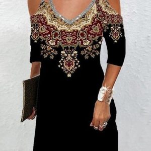 Loose Jersey Casual Ethnic Printed Cold-shoulder Dress, Dresses, color:Black|size:XXL, JustFashionNow