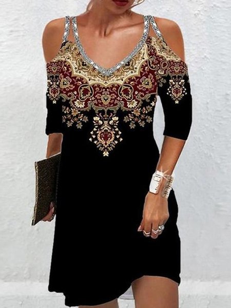 Loose Jersey Casual Ethnic Printed Cold-shoulder Dress, Dresses, color:Black|size:XXL, JustFashionNow