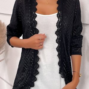 Casual Loose Lace Plain Kimono, Cardigans, color:Black|size:XXL, JustFashionNow
