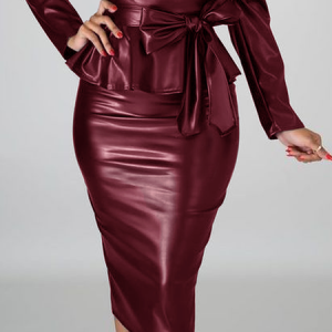 Regular Fit Micro-Elasticity Plain Midi Skirt, Skirts, color:Wine Red|size:XXL, Stylewe