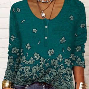 Casual Floral Design Crew Neck Pullover Top, T-Shirts, color:Green|size:XXL, JustFashionNow