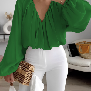 Plus Size Loose Elegant Plain V Neck Shirt, Plus Tops, color:Green|size:4X, Stylewe