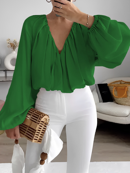 Plus Size Loose Elegant Plain V Neck Shirt, Plus Tops, color:Green|size:4X, Stylewe