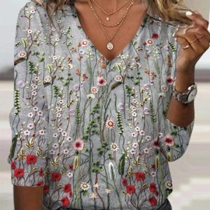 Crew Neck Floral Casual Knitted T-Shirt, T-shirts, color:Gray|size:XXL, Noracora