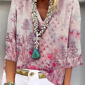 Casual V Neck Floral Shirt, Shirts & Blouses, color:Pink|size:XS, JustFashionNow