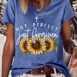 Women's Forgiven Sunflower Cotton-Blend Text Letters Crew Neck Casual T-Shirt, color:Blue|size:3XL, Lilicloth.com