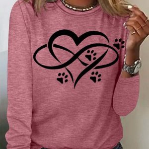 Women's Dog Paw Print Casual Crew Neck Top, color:Rose Red|size:3XL, Lilicloth.com