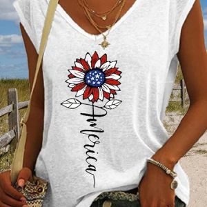 Women's American Flower Print Casual V Neck Tank Top, color:White|size:3XL, Lilicloth.com