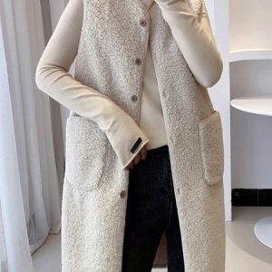 Sleeveless Plain Buckle Fleece Loose Vest For Women, Vest, color:Off White|size:3XL, Noracora