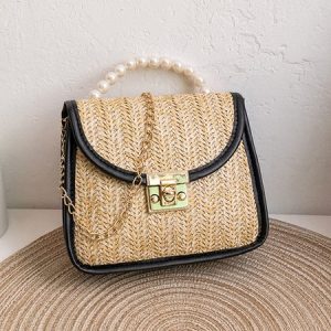 Casual Straw Pearl Beaded Messenger Bag Clutch Vacation Women, Women's Bags, color:Black|size:One-size, JustFashionNow