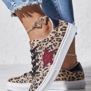 Casual Star Pattern Split Joint Lace-Up Glitter Skate Shoes, Sneakers, color:Leopard|size:43, JustFashionNow