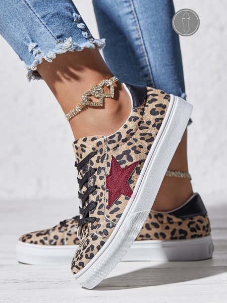 Casual Star Pattern Split Joint Lace-Up Glitter Skate Shoes, Sneakers, color:Leopard|size:43, JustFashionNow